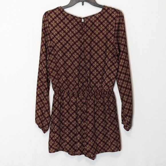 Women's FOREVER 21 Burgundy/Black, Chiffon Long Sleeve Romper; Open Back; Size M - Picture 2 of 5